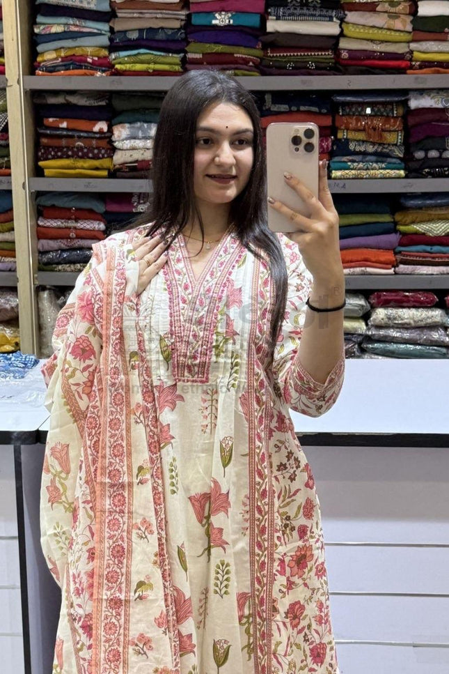 Taj Cotton Suit Set | Handwork Neck Palazzo & Dupatta | Festive & Casual Wear - Rosepetals Luxe
