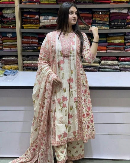 Taj Cotton Suit Set | Handwork Neck Palazzo & Dupatta | Festive & Casual Wear - Rosepetals Luxe