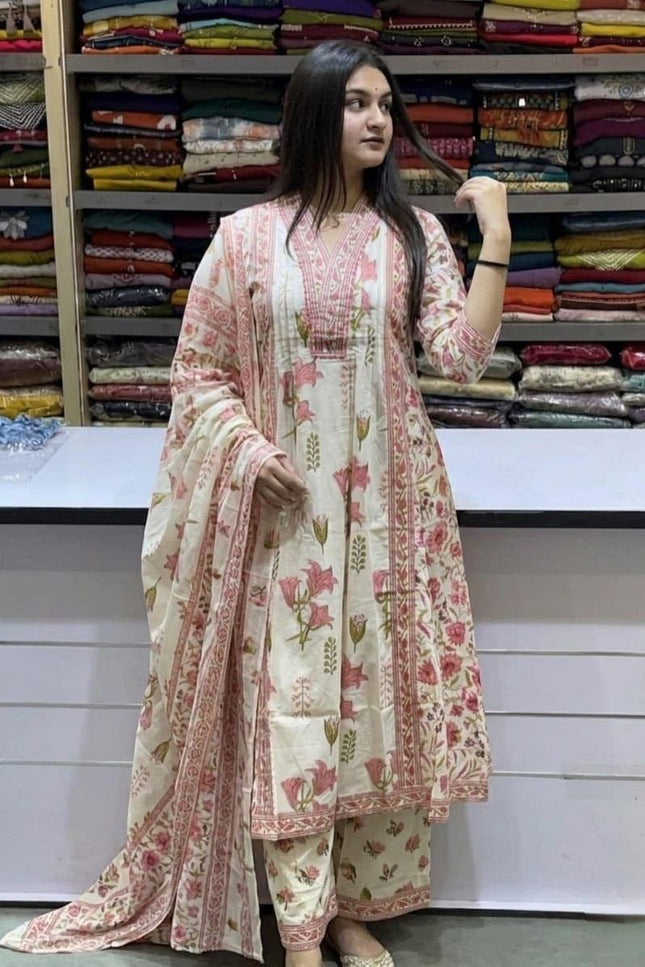 Taj Cotton Suit Set | Handwork Neck Palazzo & Dupatta | Festive & Casual Wear - Rosepetals Luxe