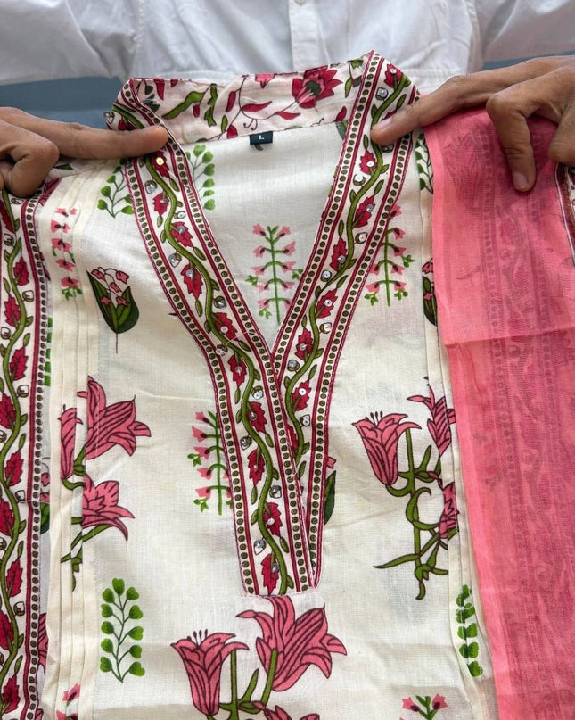 Taj Cotton Suit Set | Handwork Neck Palazzo & Dupatta | Festive & Casual Wear - Rosepetals Luxe