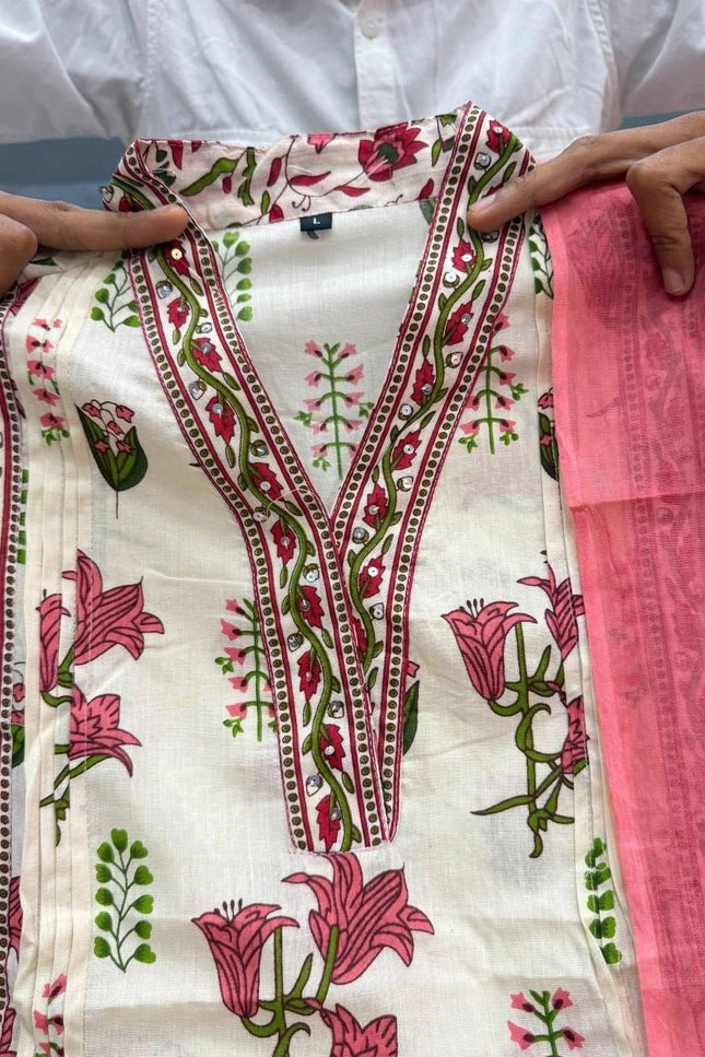 Taj Cotton Suit Set | Handwork Neck Palazzo & Dupatta | Festive & Casual Wear - Rosepetals Luxe