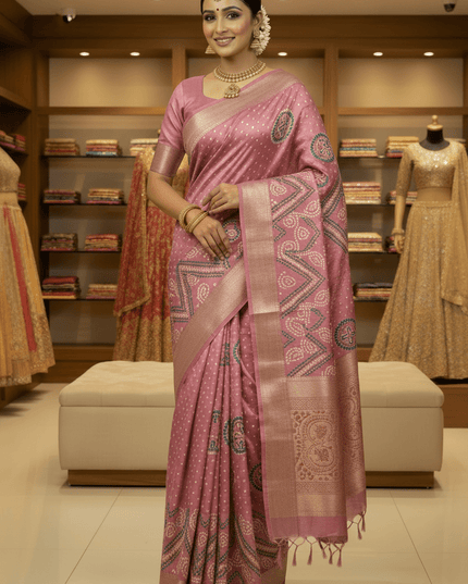 Tasva Silk Bandhani Saree | Jacquard Border & Matching Blouse Piece - Rosepetals Luxe