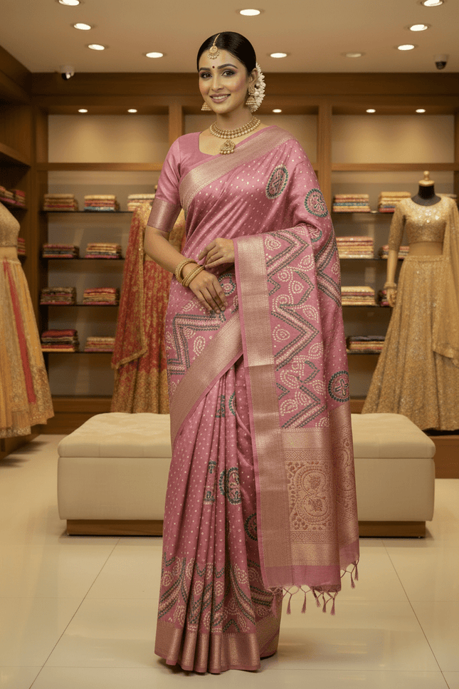 Tasva Silk Bandhani Saree | Jacquard Border & Matching Blouse Piece - Rosepetals Luxe