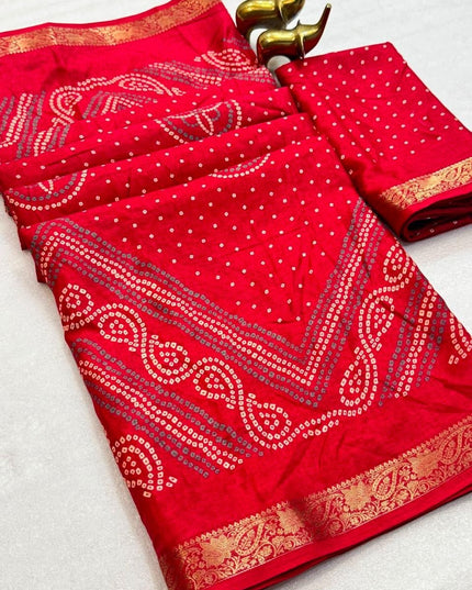 Tasva Silk Bandhani Saree | Jacquard Border & Matching Blouse Piece - Rosepetals Luxe