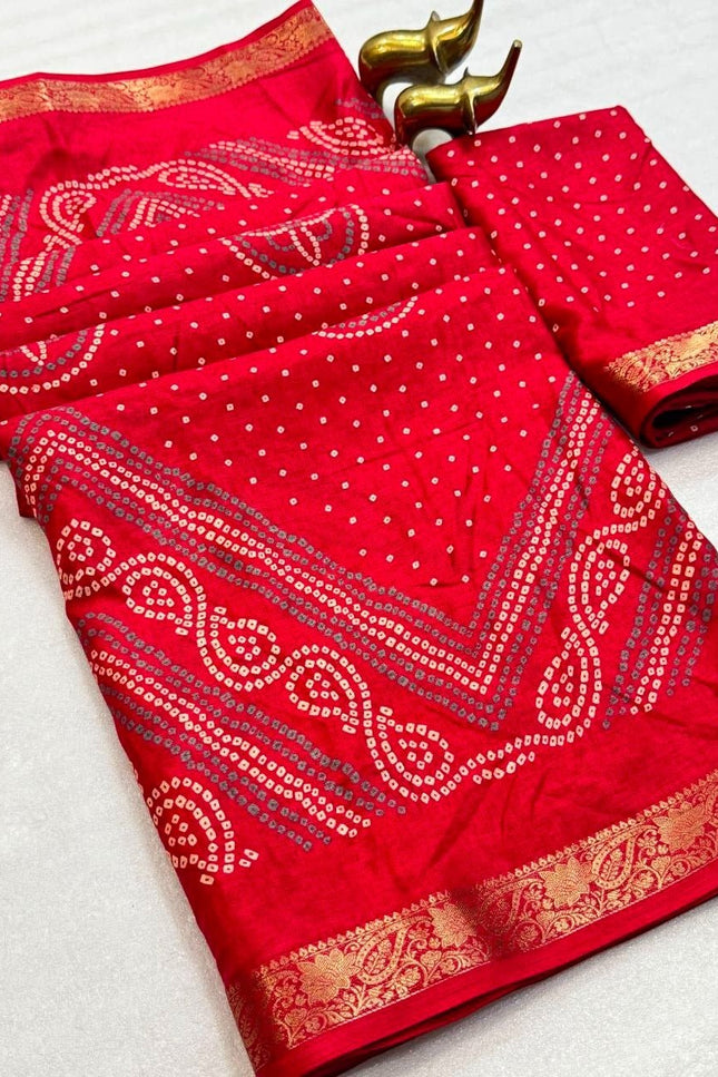 Tasva Silk Bandhani Saree | Jacquard Border & Matching Blouse Piece - Rosepetals Luxe