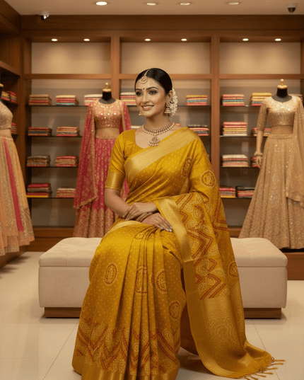Tasva Silk Bandhani Saree | Jacquard Border & Matching Blouse Piece - Rosepetals Luxe