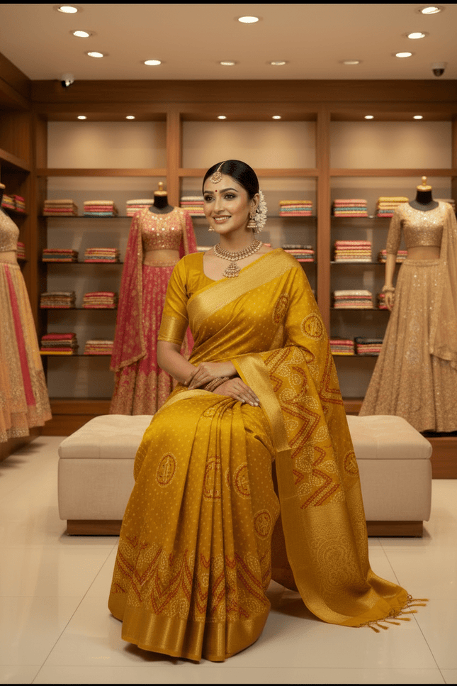 Tasva Silk Bandhani Saree | Jacquard Border & Matching Blouse Piece - Rosepetals Luxe