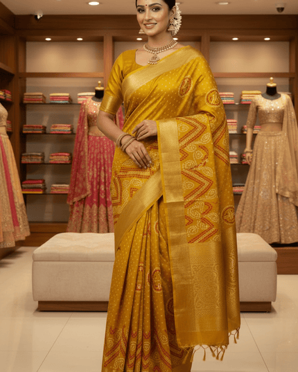 Tasva Silk Bandhani Saree | Jacquard Border & Matching Blouse Piece - Rosepetals Luxe