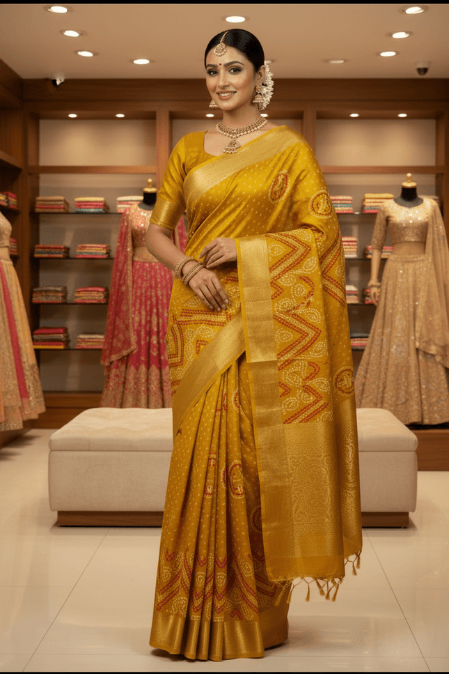 Tasva Silk Bandhani Saree | Jacquard Border & Matching Blouse Piece - Rosepetals Luxe