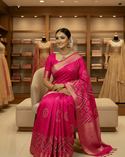 Tasva Silk Bandhani Saree | Jacquard Border & Matching Blouse Piece - Rosepetals Luxe