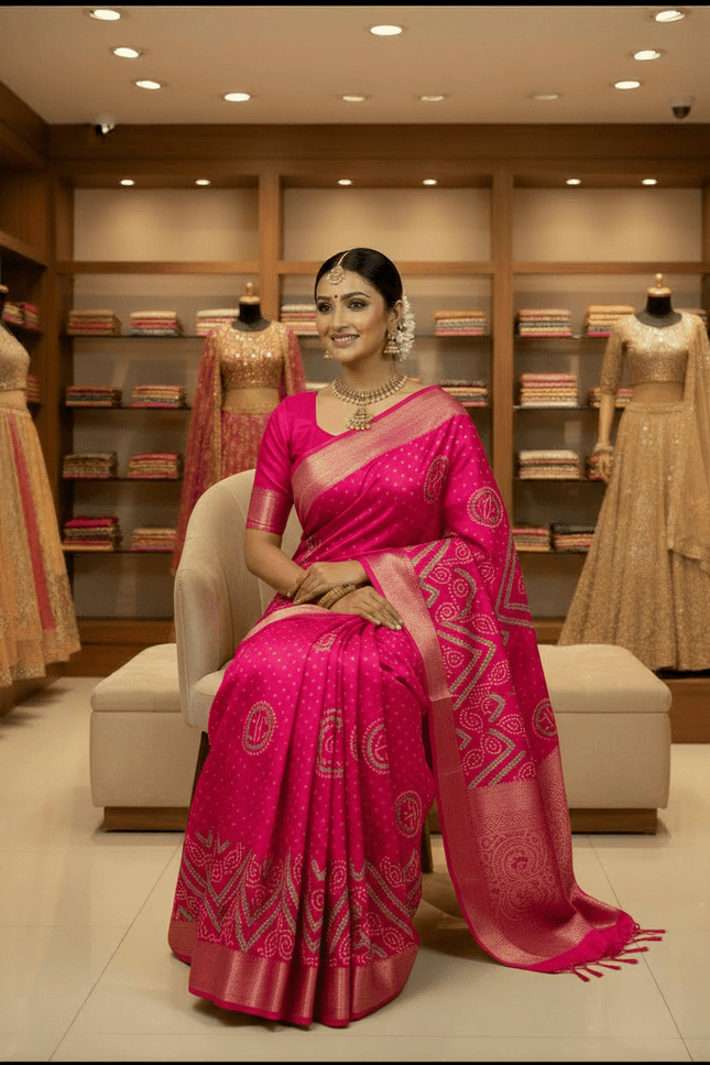 Tasva Silk Bandhani Saree | Jacquard Border & Matching Blouse Piece - Rosepetals Luxe