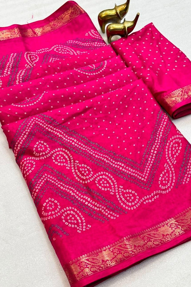 Tasva Silk Bandhani Saree | Jacquard Border & Matching Blouse Piece - Rosepetals Luxe