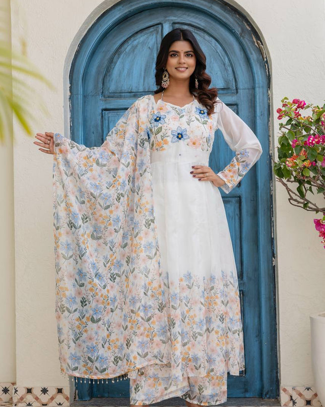 TB Organza Gown Palazzo and Dupatta Set | Digital Print with Hand Work - Rosepetals Luxe