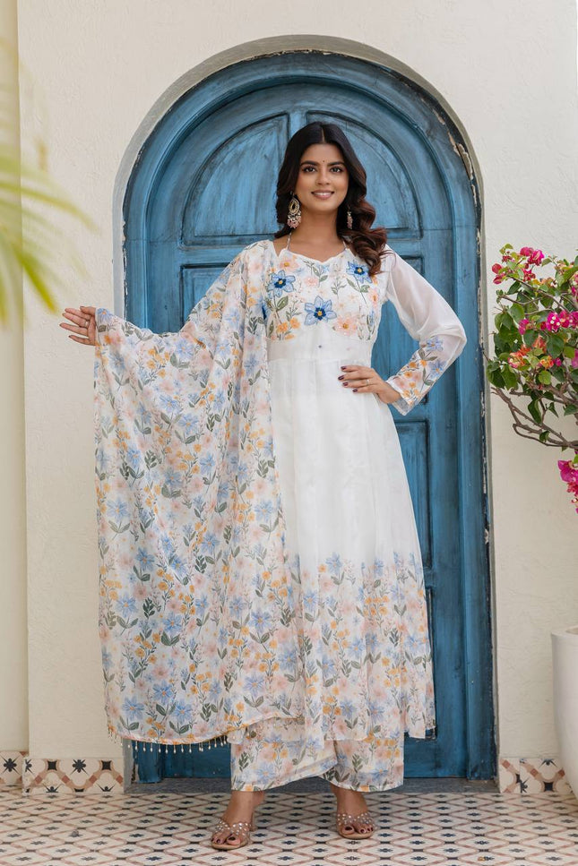 TB Organza Gown Palazzo and Dupatta Set | Digital Print with Hand Work - Rosepetals Luxe
