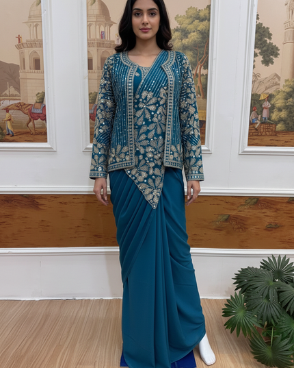 Ready to Wear Drape Saree with Koti | Zari & Semi Beads Embroidery | Faux Georgette - Rosepetals Luxe