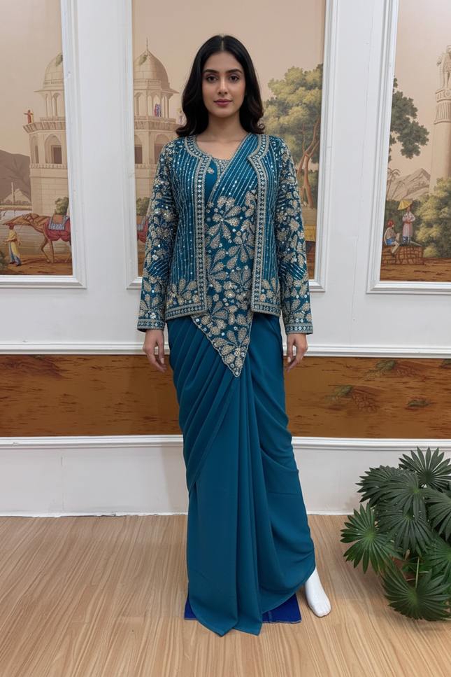 Ready to Wear Drape Saree with Koti | Zari & Semi Beads Embroidery | Faux Georgette - Rosepetals Luxe