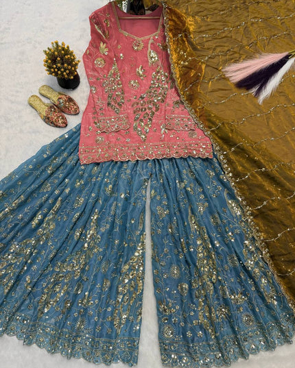 Teal Fancy Crush Silk Sequin Sharara Set | Party Wear 3-Piece with Dupatta - Rosepetals Luxe