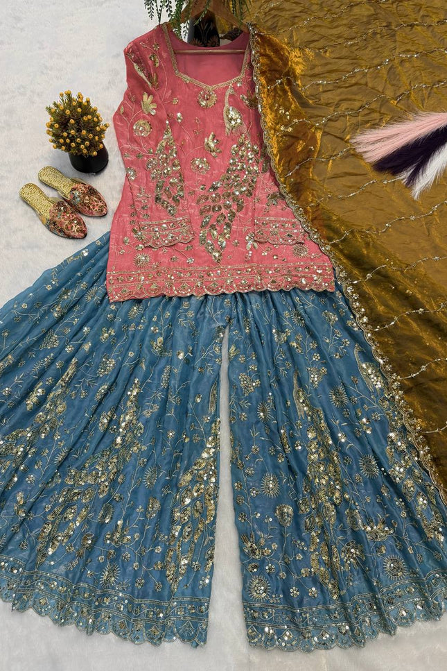Teal Fancy Crush Silk Sequin Sharara Set | Party Wear 3-Piece with Dupatta - Rosepetals Luxe