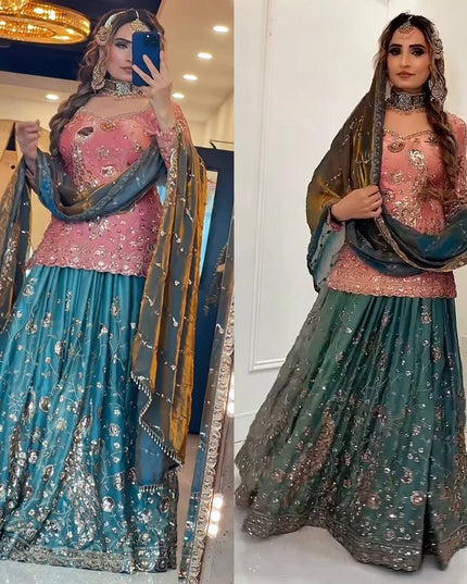 Teal Fancy Crush Silk Sequin Sharara Set | Party Wear 3-Piece with Dupatta - Rosepetals Luxe