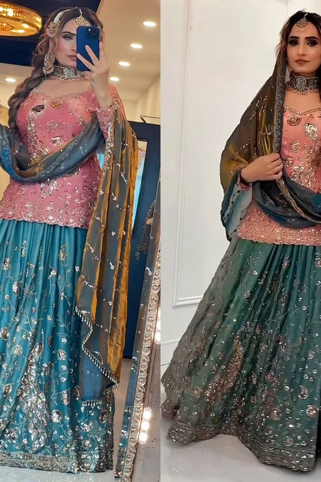 Teal Fancy Crush Silk Sequin Sharara Set | Party Wear 3-Piece with Dupatta - Rosepetals Luxe