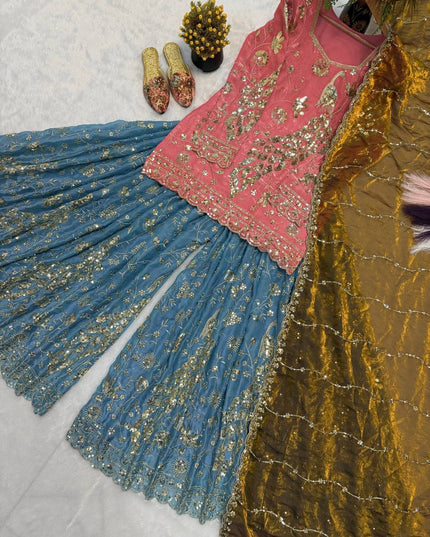 Teal Fancy Crush Silk Sequin Sharara Set | Party Wear 3-Piece with Dupatta - Rosepetals Luxe