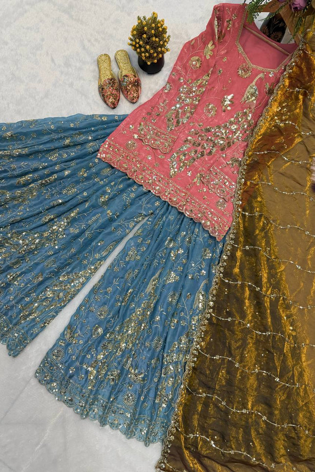 Teal Fancy Crush Silk Sequin Sharara Set | Party Wear 3-Piece with Dupatta - Rosepetals Luxe