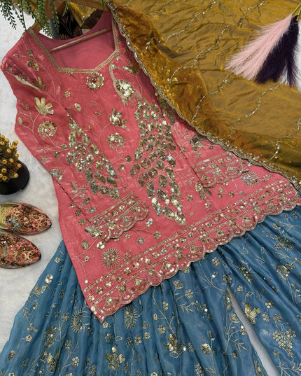 Teal Fancy Crush Silk Sequin Sharara Set | Party Wear 3-Piece with Dupatta - Rosepetals Luxe