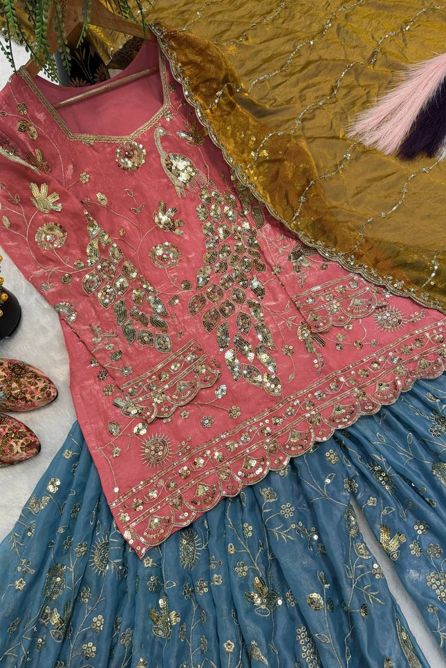Teal Fancy Crush Silk Sequin Sharara Set | Party Wear 3-Piece with Dupatta - Rosepetals Luxe
