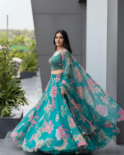 Premium Pure Organza Lehenga Set | Embroidery Sequin Padded Blouse, Digital Printed Dupatta & Batwa Bag - Rosepetals Luxe