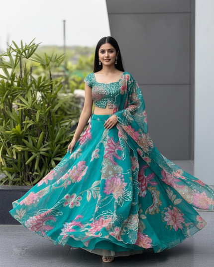 Premium Pure Organza Lehenga Set | Embroidery Sequin Padded Blouse, Digital Printed Dupatta & Batwa Bag - Rosepetals Luxe