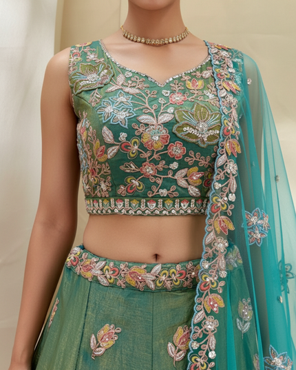 Semi-Stitched Fandy Lehenga Choli | Zari Badla Sequence Embroidery & Net Dupatta - Rosepetals Luxe