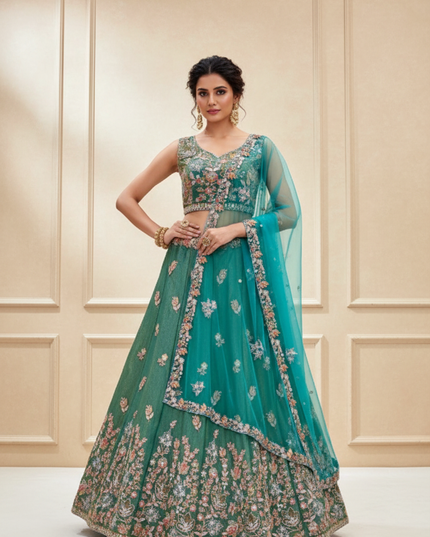 Semi-Stitched Fandy Lehenga Choli | Zari Badla Sequence Embroidery & Net Dupatta - Rosepetals Luxe