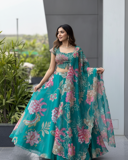 Premium Pure Organza Lehenga Set | Embroidery Sequin Padded Blouse, Digital Printed Dupatta & Batwa Bag - Rosepetals Luxe