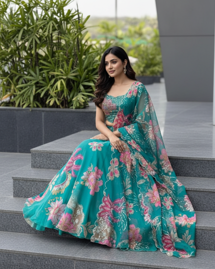 Premium Pure Organza Lehenga Set | Embroidery Sequin Padded Blouse, Digital Printed Dupatta & Batwa Bag - Rosepetals Luxe