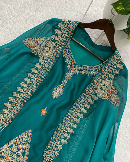 Teal Rangoli Cording & Sequence Embroidery Top Palazzo Shrug Set | Three-Piece Ethnic Suit - Rosepetals Luxe