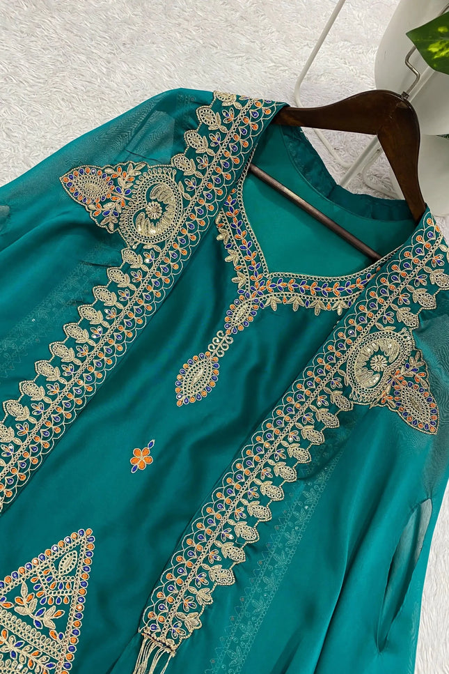 Teal Rangoli Cording & Sequence Embroidery Top Palazzo Shrug Set | Three-Piece Ethnic Suit - Rosepetals Luxe