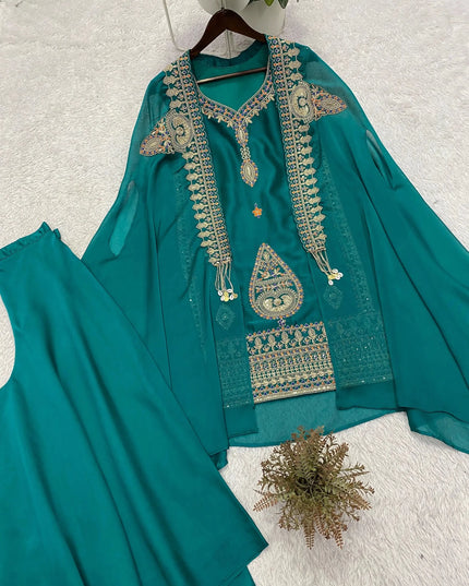 Teal Rangoli Cording & Sequence Embroidery Top Palazzo Shrug Set | Three-Piece Ethnic Suit - Rosepetals Luxe