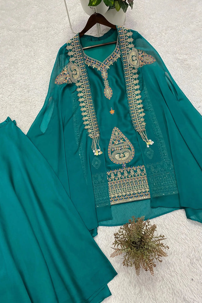 Teal Rangoli Cording & Sequence Embroidery Top Palazzo Shrug Set | Three-Piece Ethnic Suit - Rosepetals Luxe