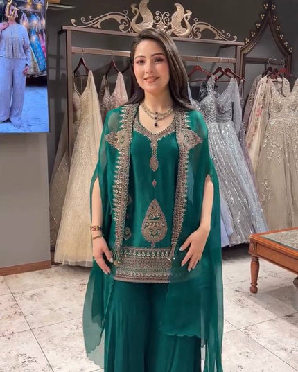 Teal Rangoli Cording & Sequence Embroidery Top Palazzo Shrug Set | Three-Piece Ethnic Suit - Rosepetals Luxe