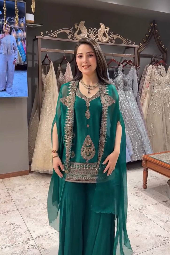 Teal Rangoli Cording & Sequence Embroidery Top Palazzo Shrug Set | Three-Piece Ethnic Suit - Rosepetals Luxe
