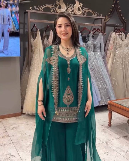 Teal Rangoli Cording & Sequence Embroidery Top Palazzo Shrug Set | Three-Piece Ethnic Suit - Rosepetals Luxe