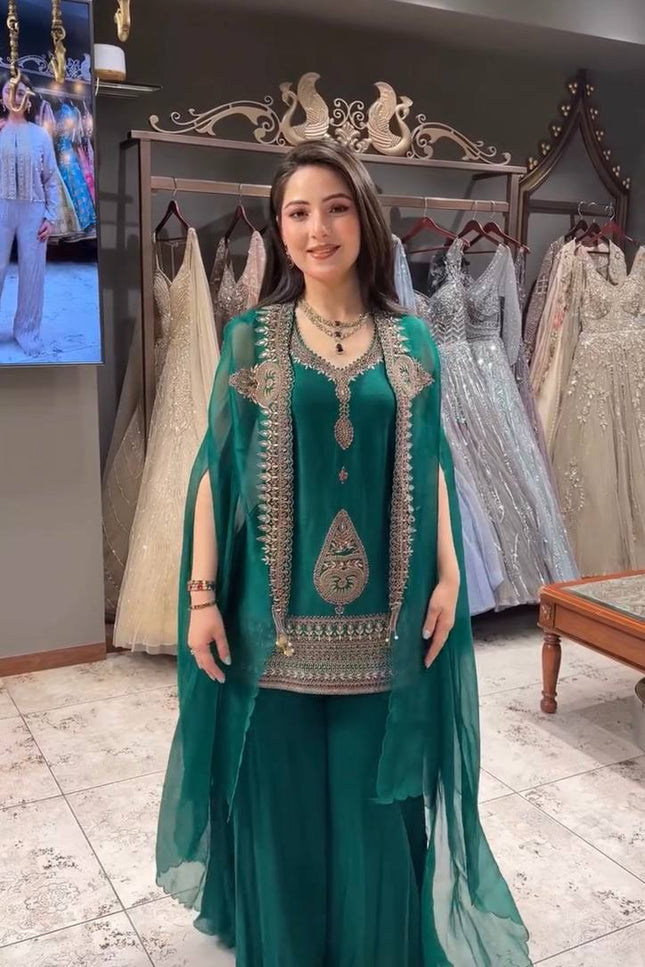 Teal Rangoli Cording & Sequence Embroidery Top Palazzo Shrug Set | Three-Piece Ethnic Suit - Rosepetals Luxe
