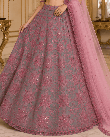 Thai Silk Lehenga Choli Set | Sequins, Dori & Thread Embroidery | Unstitched Blouse - Rosepetals Luxe