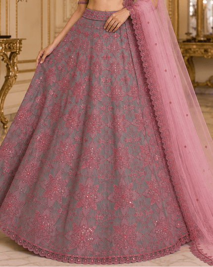 Thai Silk Lehenga Choli Set | Sequins, Dori & Thread Embroidery | Unstitched Blouse - Rosepetals Luxe