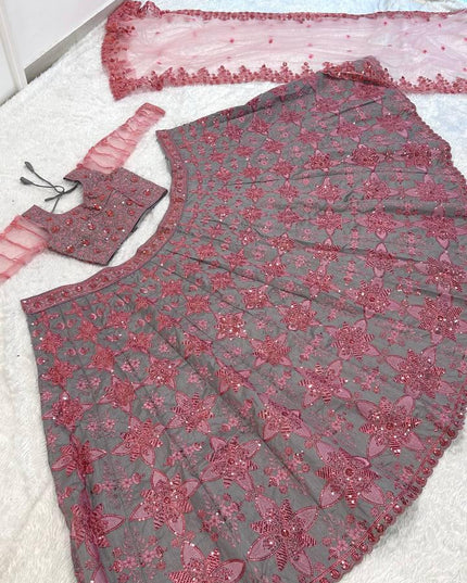 Thai Silk Lehenga Choli Set | Sequins, Dori & Thread Embroidery | Unstitched Blouse - Rosepetals Luxe