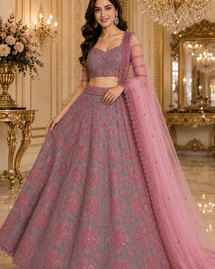 Thai Silk Lehenga Choli Set | Sequins, Dori & Thread Embroidery | Unstitched Blouse - Rosepetals Luxe