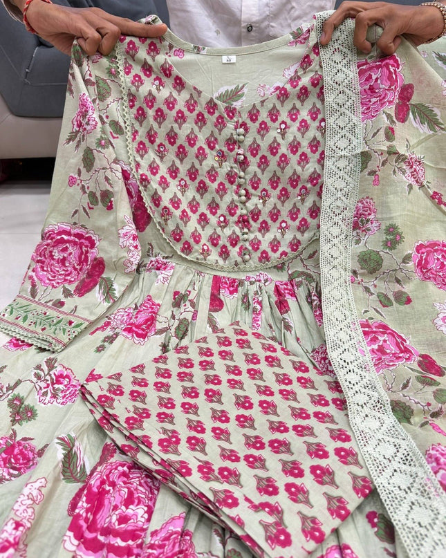 The Summer Grace Pure Jaipuri Cotton Printed Anarkali Set | Best for Ethnic Wear - Rosepetals Luxe