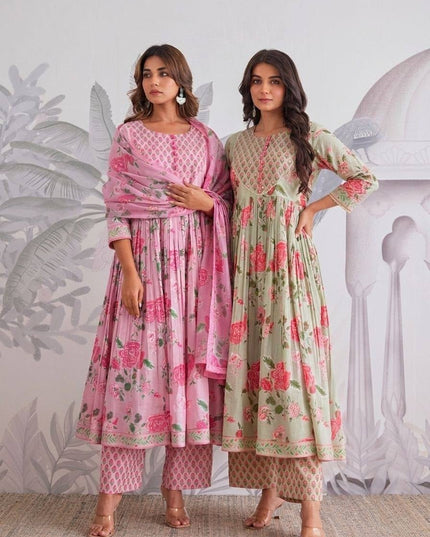 The Summer Grace Pure Jaipuri Cotton Printed Anarkali Set | Best for Ethnic Wear - Rosepetals Luxe