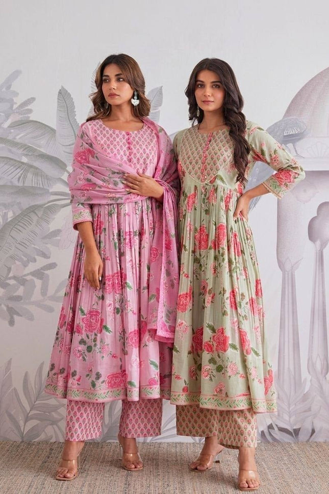 The Summer Grace Pure Jaipuri Cotton Printed Anarkali Set | Best for Ethnic Wear - Rosepetals Luxe