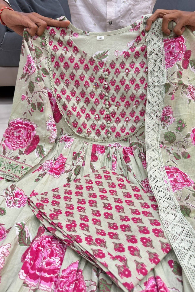 The Summer Grace Pure Jaipuri Cotton Printed Anarkali Set | Best for Ethnic Wear - Rosepetals Luxe